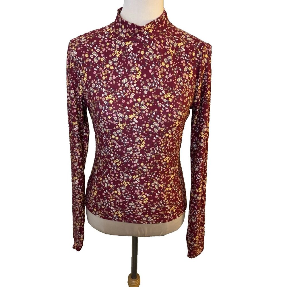 NWT Lulu's Women's Floral Long Sleeve Mock Neck Top Burgundy Size Large #239